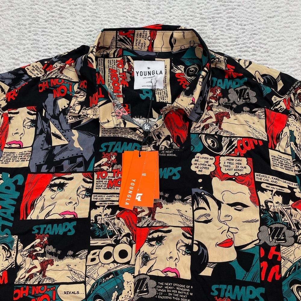 YoungLA‎ Shirt Mens Large Comic Book Print Multicolor Pop Art Button Down